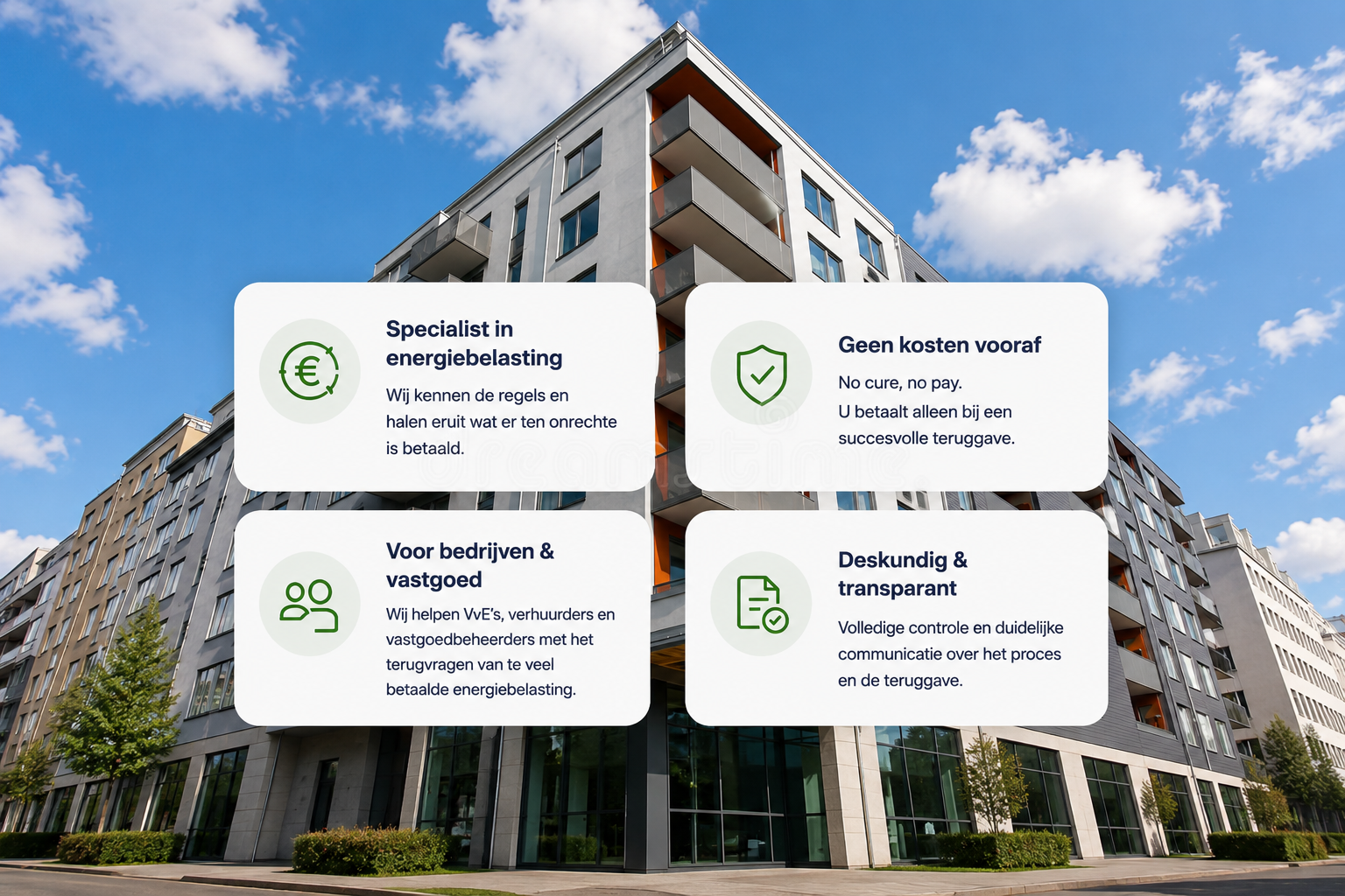 Modern appartementencomplex met vier kenmerken van Rechtstroom: specialist in energiebelasting, geen kosten vooraf, voor bedrijven en vastgoed, deskundig en transparant